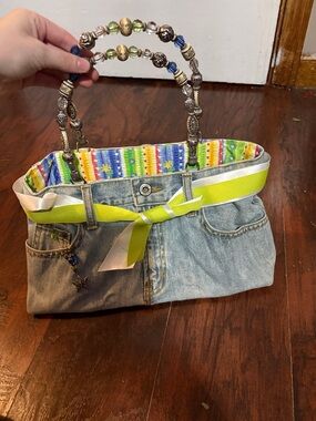 Beaded-Handle Denim Tote with Lime Ribbon Accent
